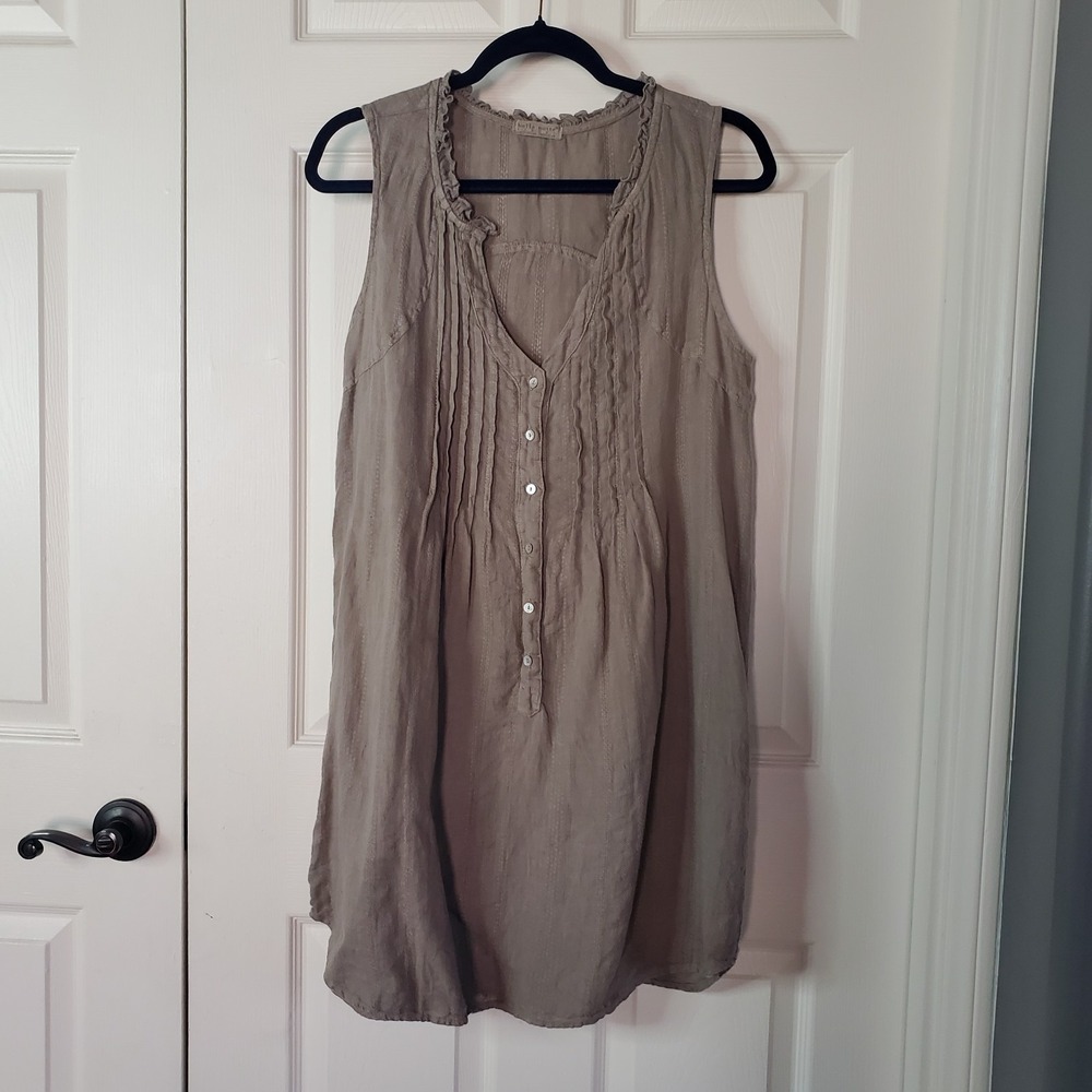 Bella Notte Linen Mocha Mini Dress Sleeveless Loose Relaxed Fit Pleated Button M
